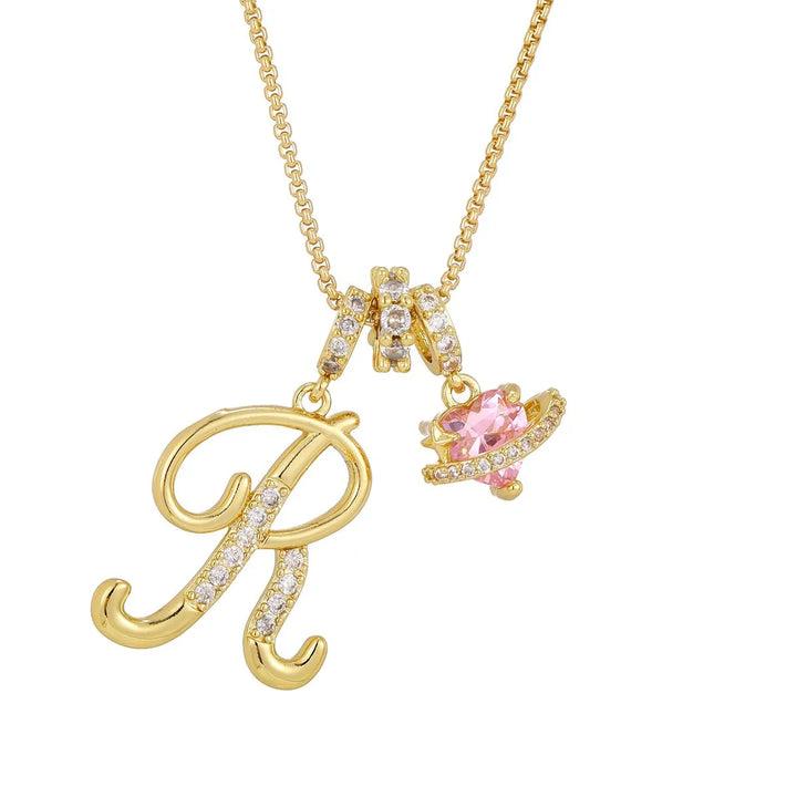 Nerute - Initial Letter Necklace With Pink Heart Charm