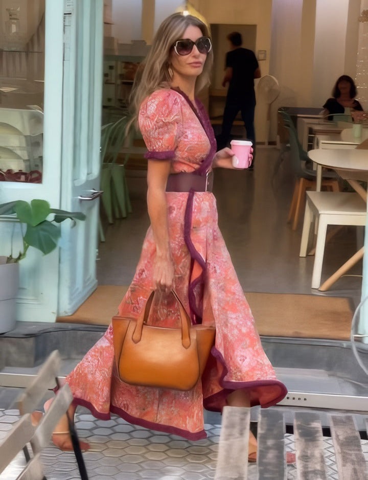 Eliett - Long Dress with Short Puffed Sleeves and Asymmetrical Skirt