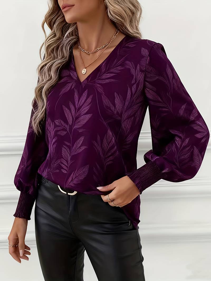 Ruchama - Elegant Long Sleeve Blouse With Leaf Print