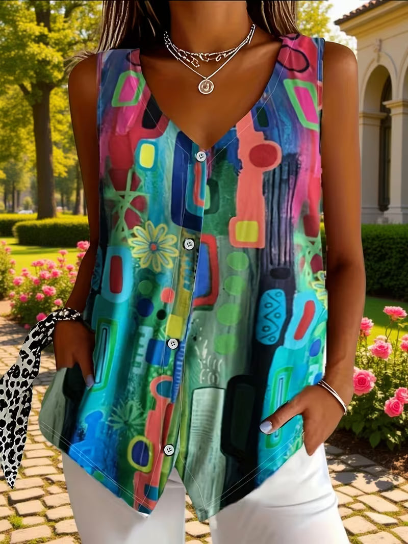 Corinaa - Printed V-Neck Sleeveless Shirt