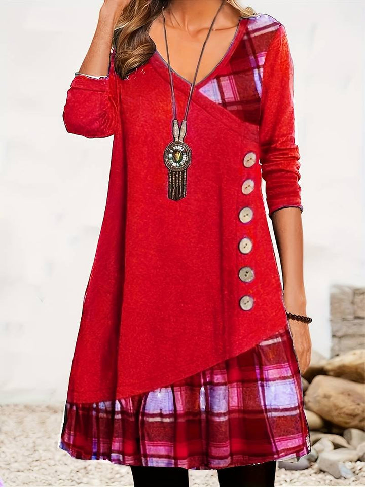 Alinor - Casual Plaid Patchwork Long Sleeve Dress