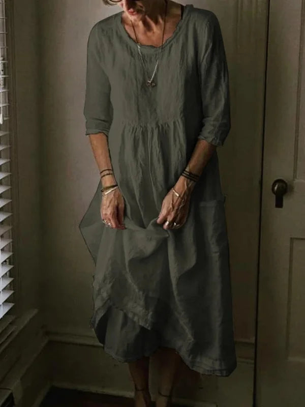 Tasoula - Elegant Linen Round Neck Dress