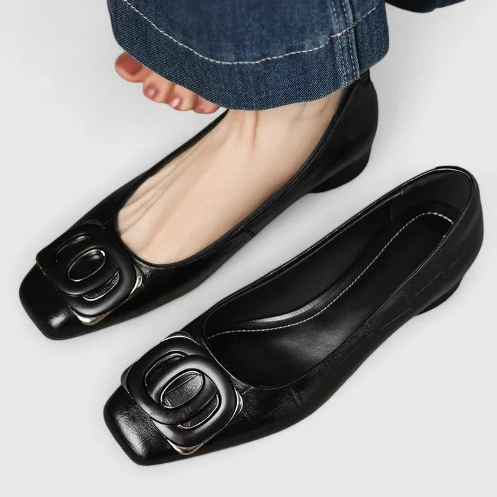 Antia - Elegant Square Toe Buckle Flats with Low Heel