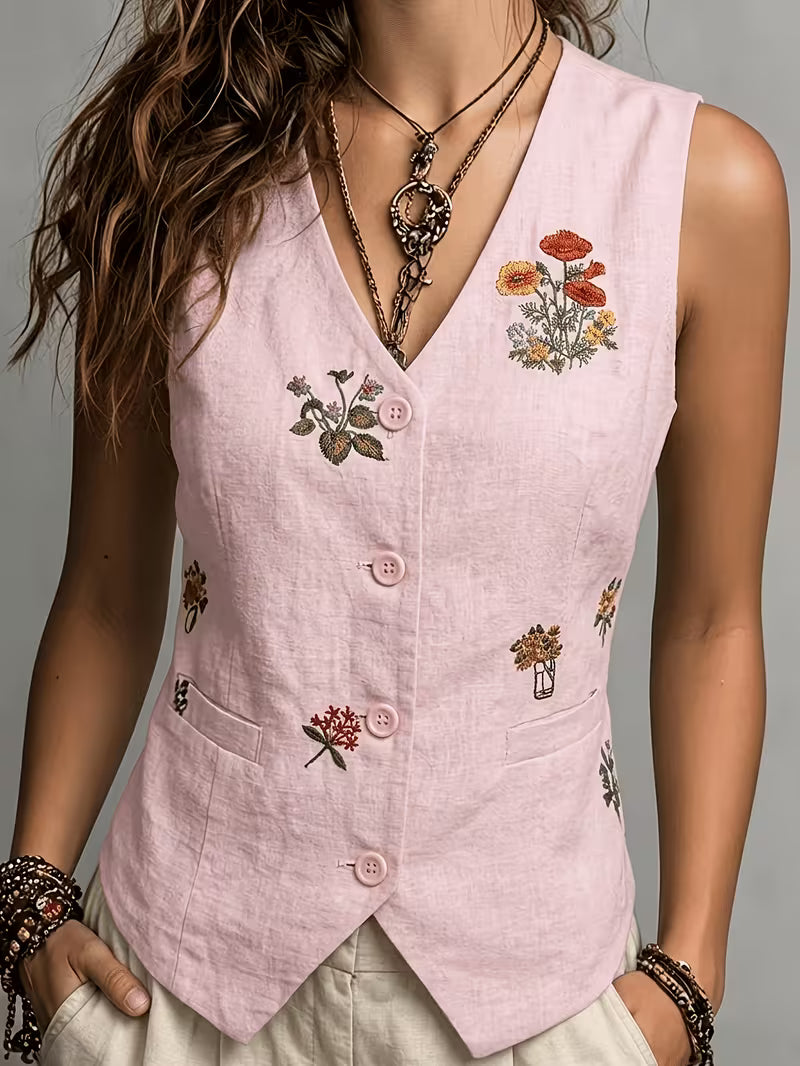 Zarelle - Embroidered Sleeveless Linen Vest