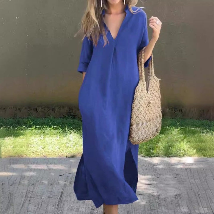 Ramune - Casual Linen Dress With V-Neck