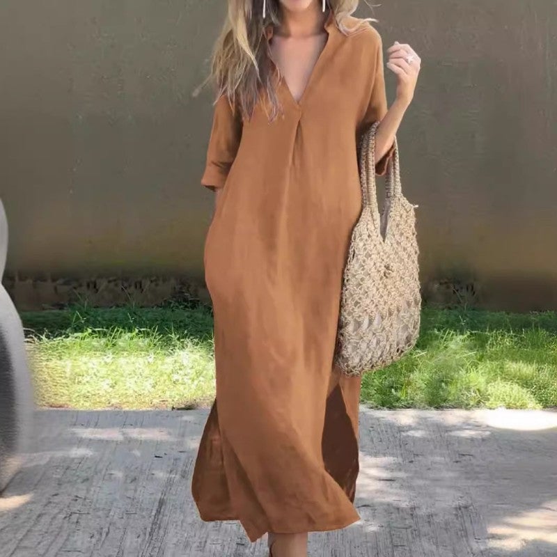 Ramune - Casual Linen Dress With V-Neck