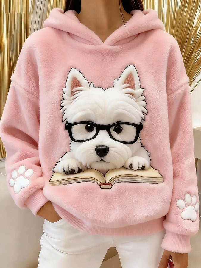 Opalana - Terrier Print Flannel Hooded Sweatshirt