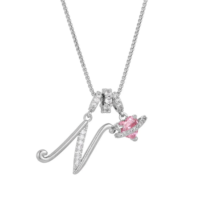 Nerute - Initial Letter Necklace With Pink Heart Charm
