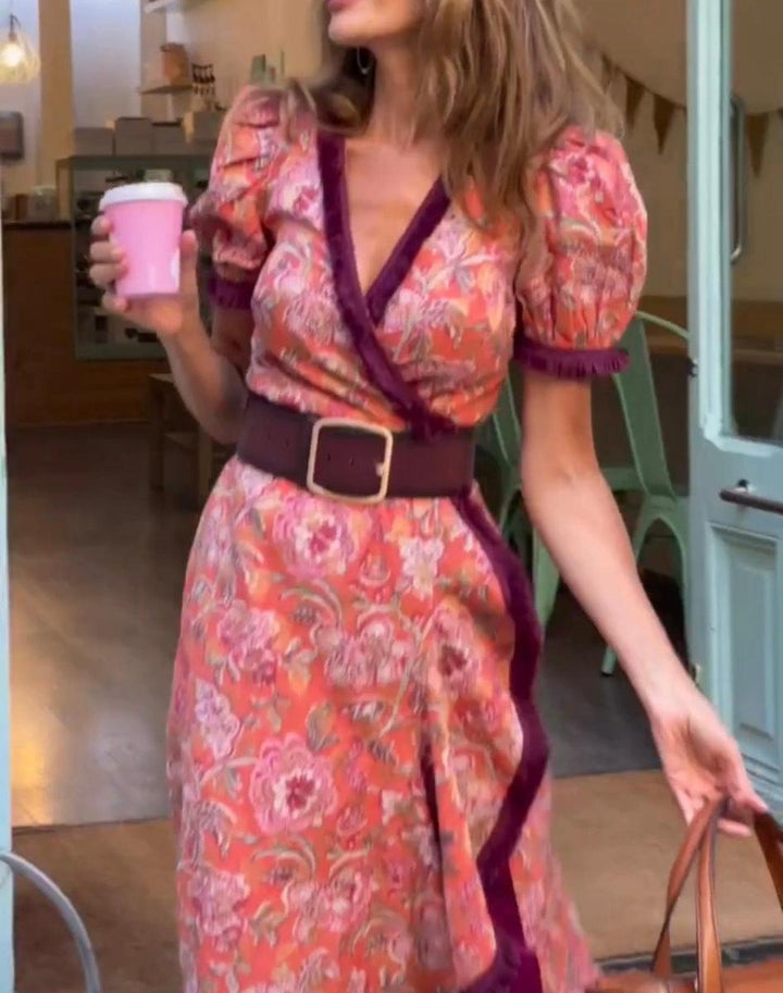 Eliett - Long Dress with Short Puffed Sleeves and Asymmetrical Skirt