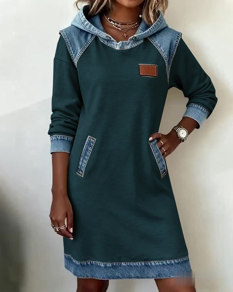 Viktoria - Casual Hooded Denim Insert Dress