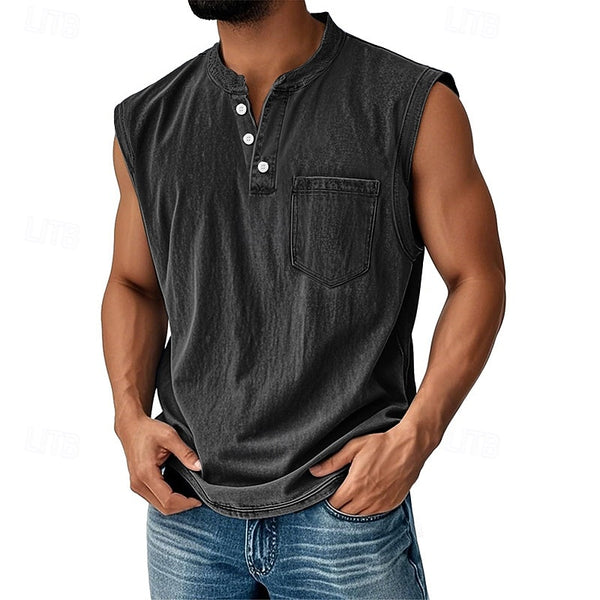 Latrell - Sleeveless Henley Tank With Pocket
