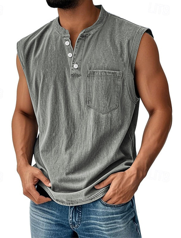 Latrell - Sleeveless Henley Tank With Pocket