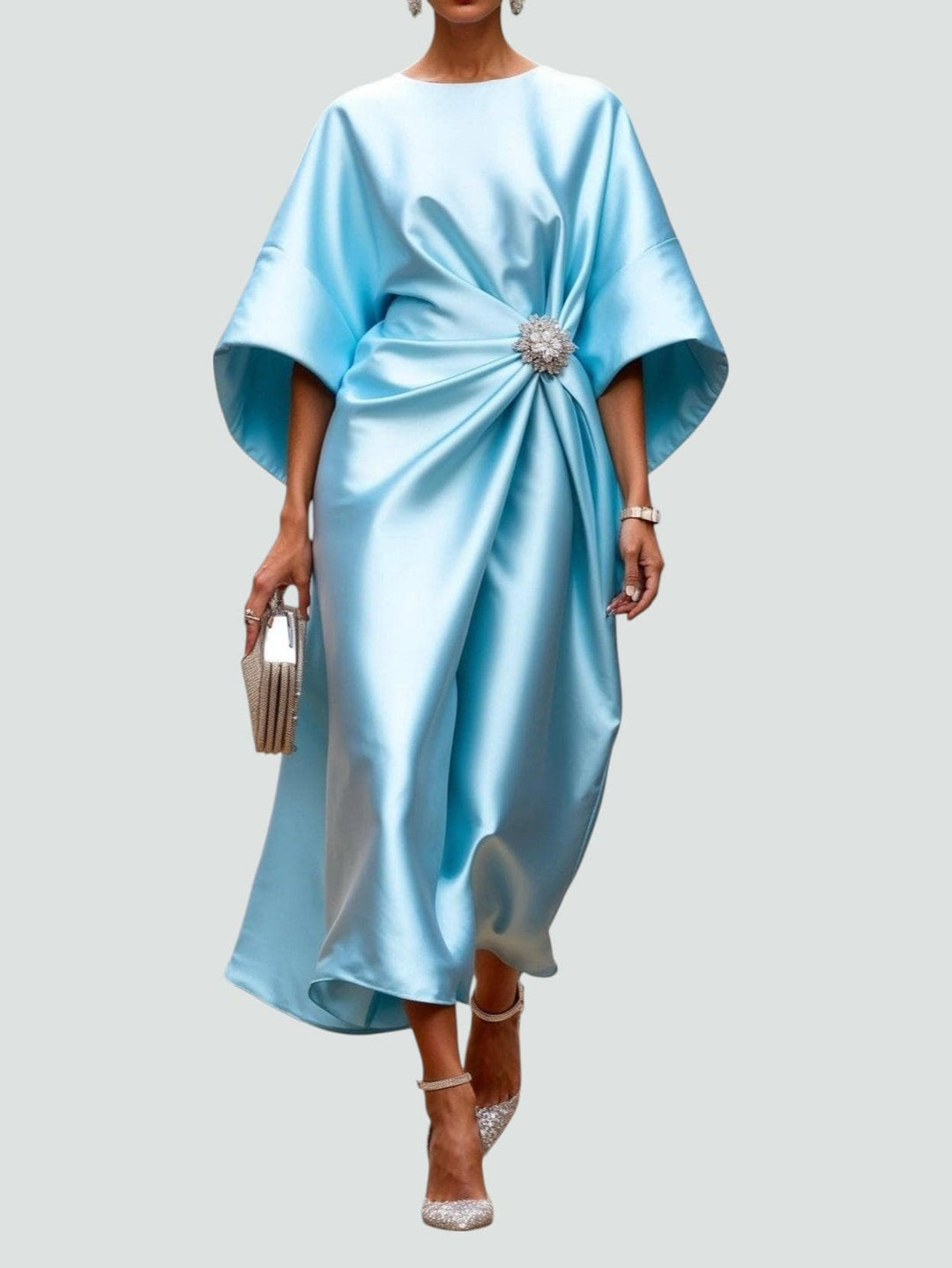 Noveine - Modern Satin Cape Sleeve Maxi Dress