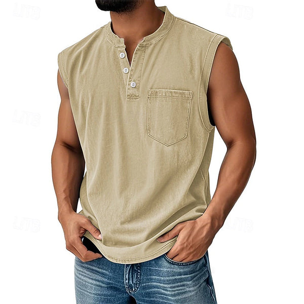 Latrell - Sleeveless Henley Tank With Pocket