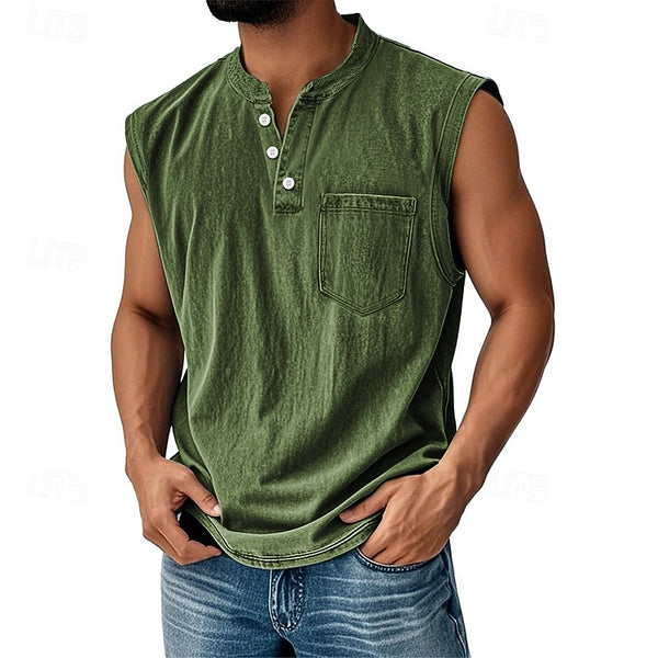 Latrell - Sleeveless Henley Tank With Pocket