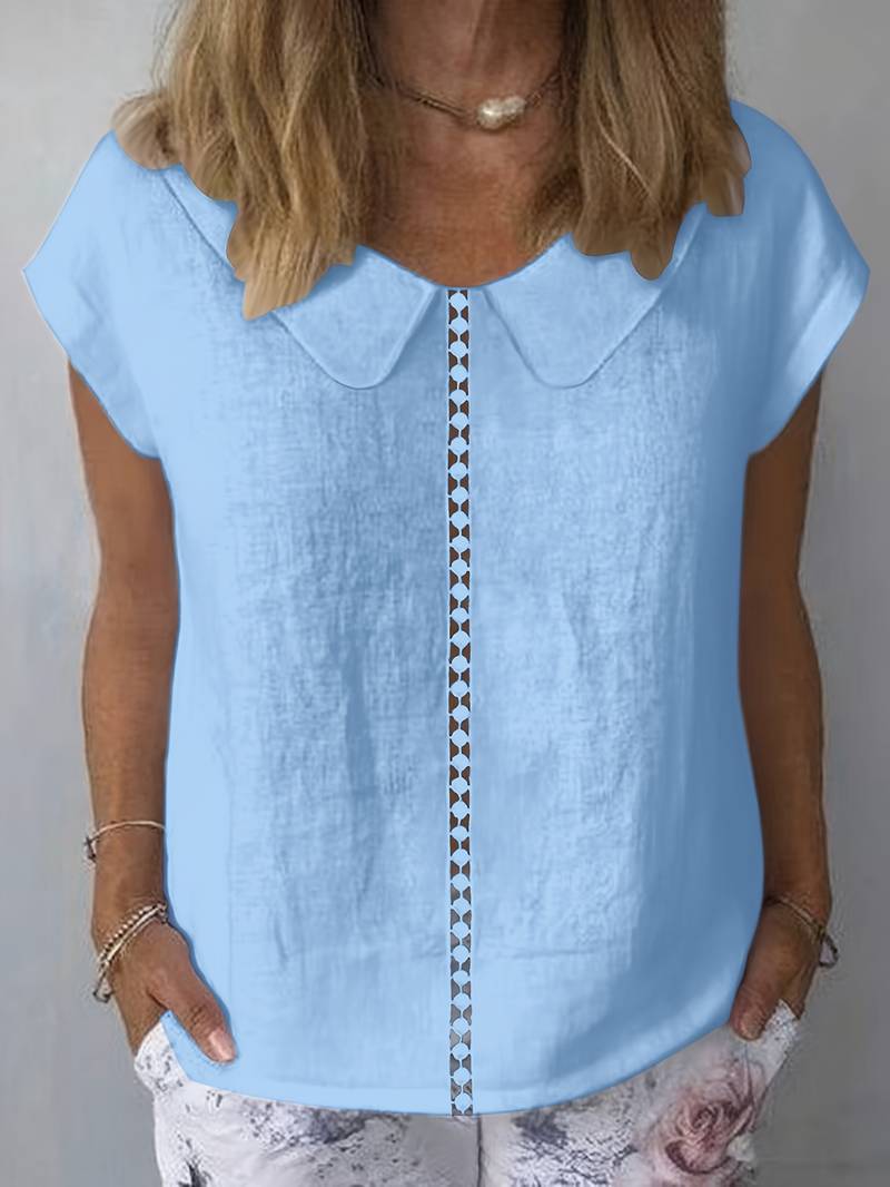 Krischelle - Lapel Lace Splicing Short Sleeve Sweater