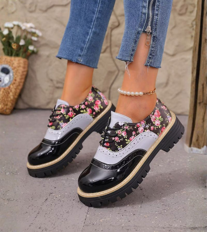 Rheaoova - Floral Oxford Shoes With Chunky Lug Sole