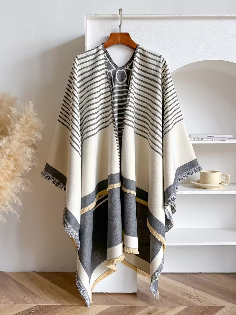 Taisija - Reversible Striped Jacquard Shawl in Faux Cashmere