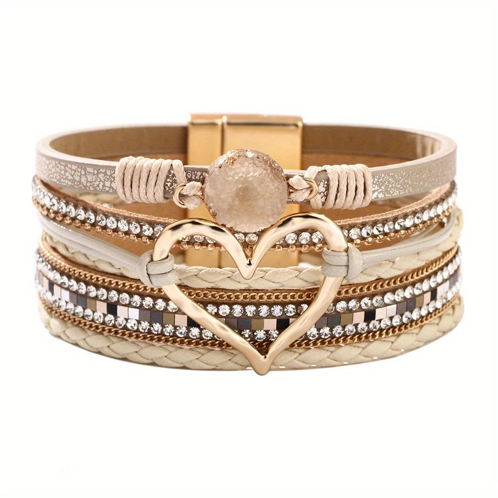 Joely - Multi Layer Leather Bracelet With Heart Design
