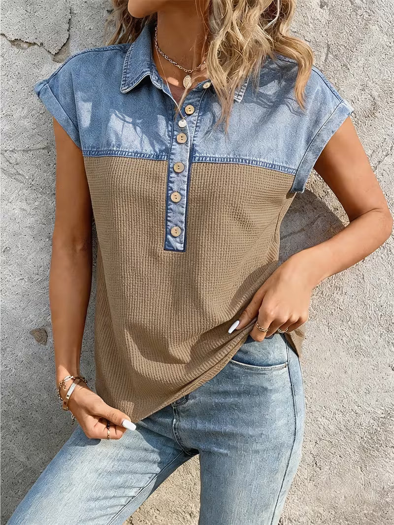 Haily - Casual Denim Patchwork Collar Top With Short Sleeve