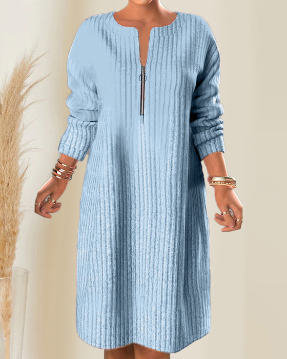 Nalea - Solid Color Dress With Zipper
