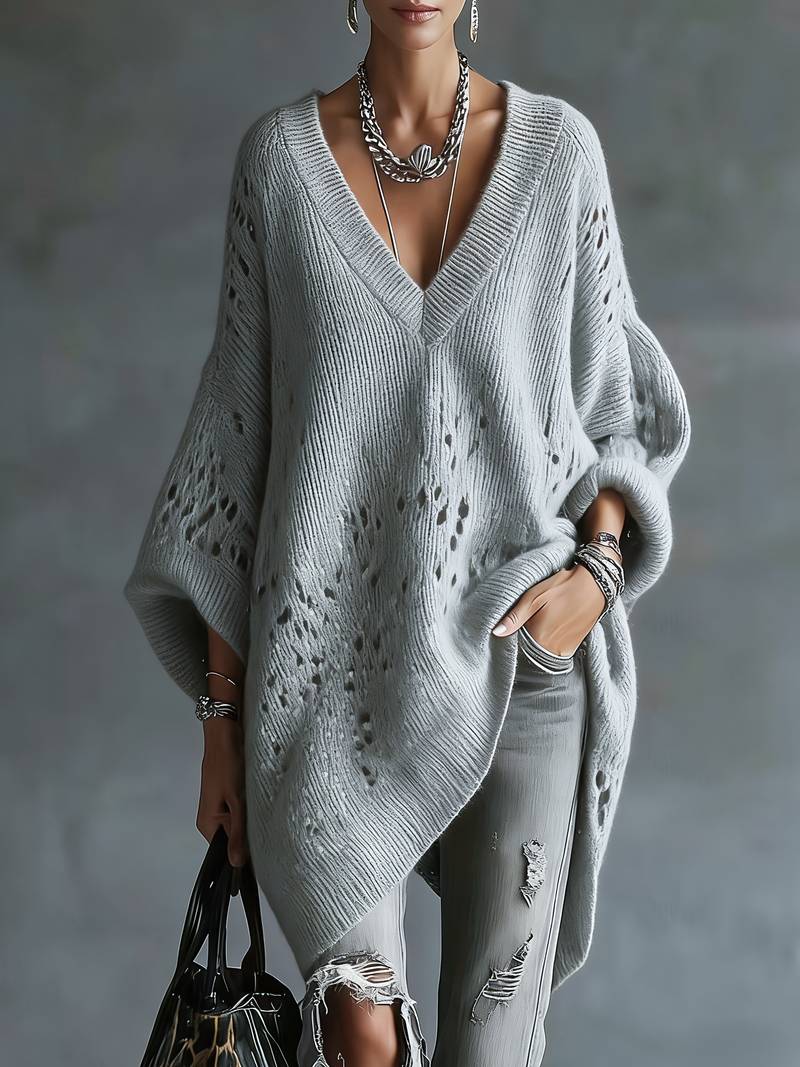 Bimashi - Long Sleeve Loose Sweater With V-Neck