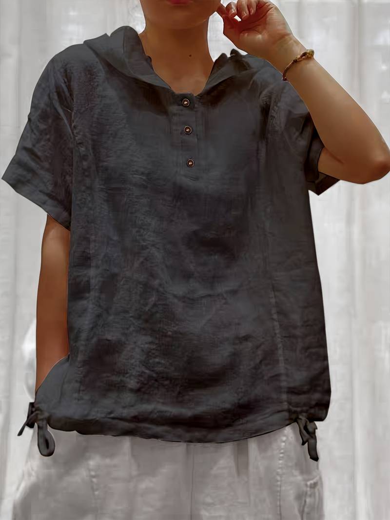 Dounia - Loose Short-Sleeved Hooded With Button