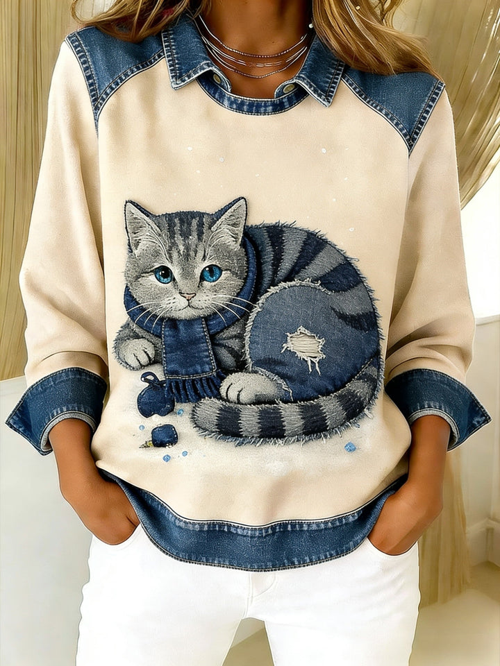 Eponin - Retro Cat Denim Patchwork Sweatshirt