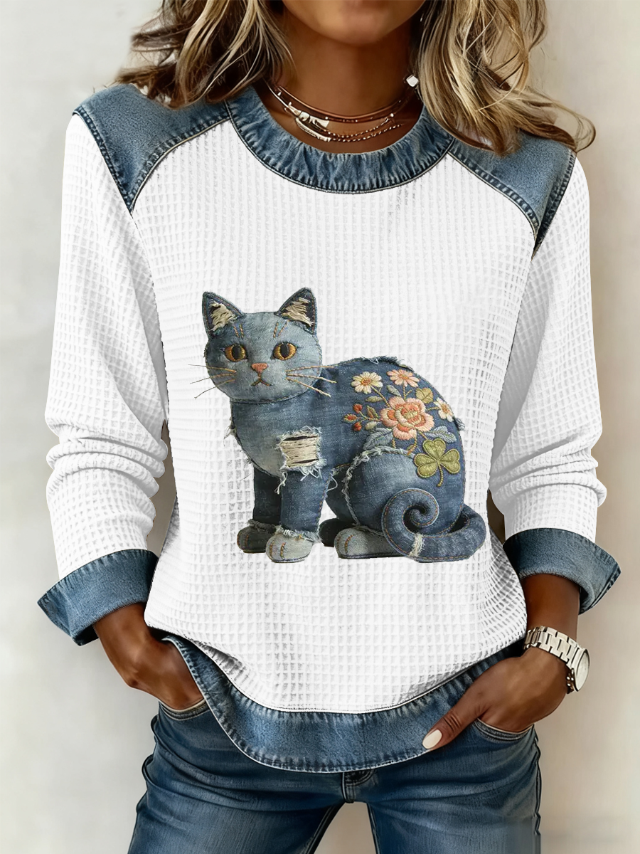 Karmela - Vintage Denim Patchwork Print Top
