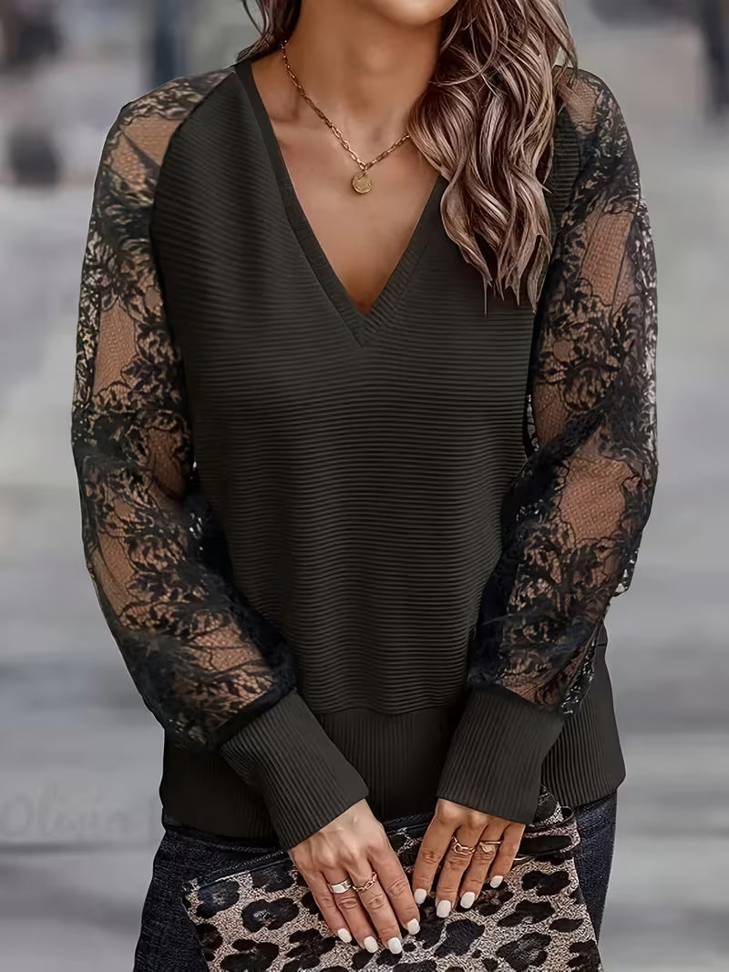 Danine - Casual Loose Lace Top With V-Neck