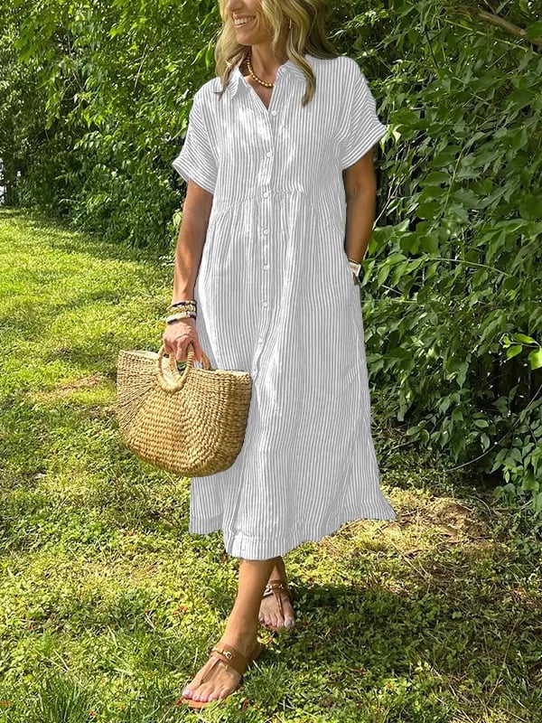 Alory - Comfortable Button Down Striped Midi Dress