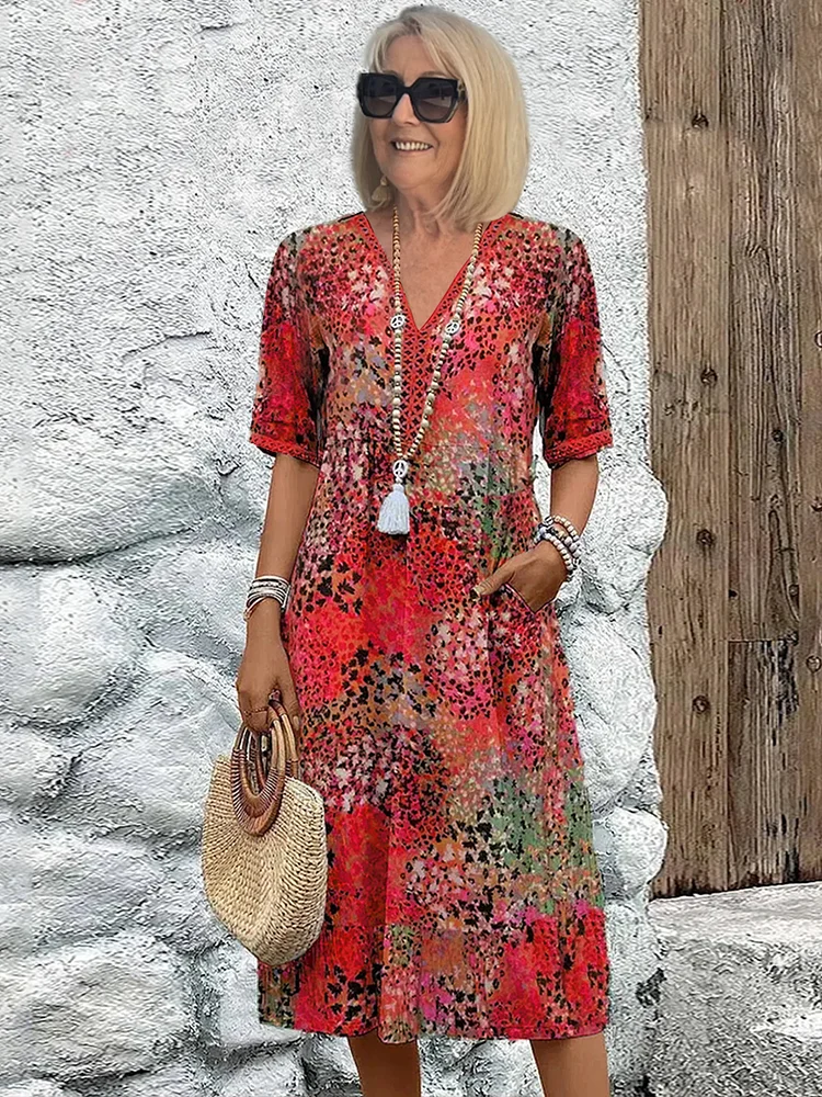 Kimano - Short Sleeve Mid-Calf Printed Dress