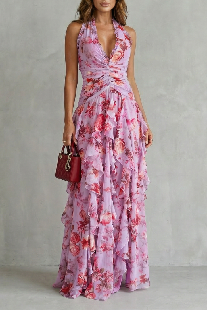 Eliora - Floral Cascade Halter Maxi Dress