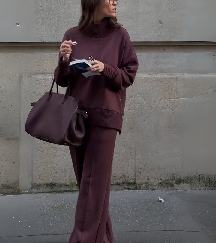 Blandine - Knitted Two Piece Set Turtleneck Sweater And Wide Leg Trousers