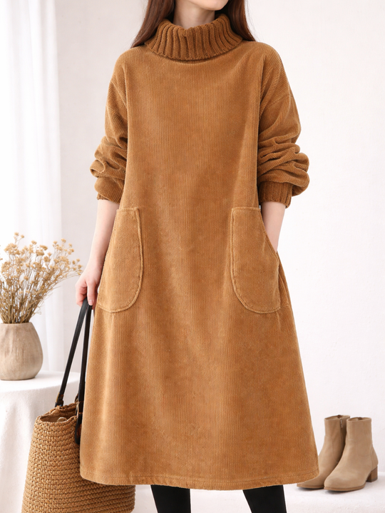 Mohana - Long Corduroy Dress with Turtleneck