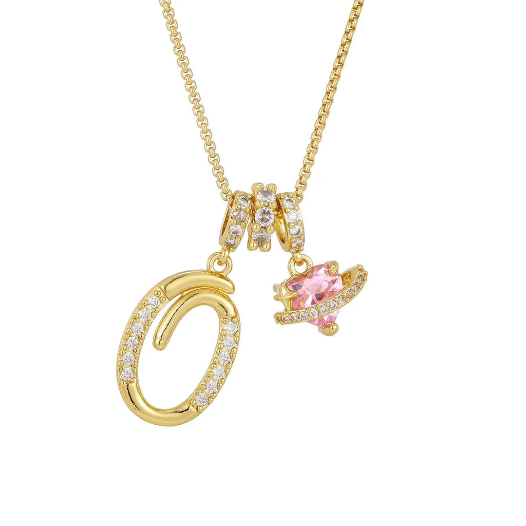 Nerute - Initial Letter Necklace With Pink Heart Charm