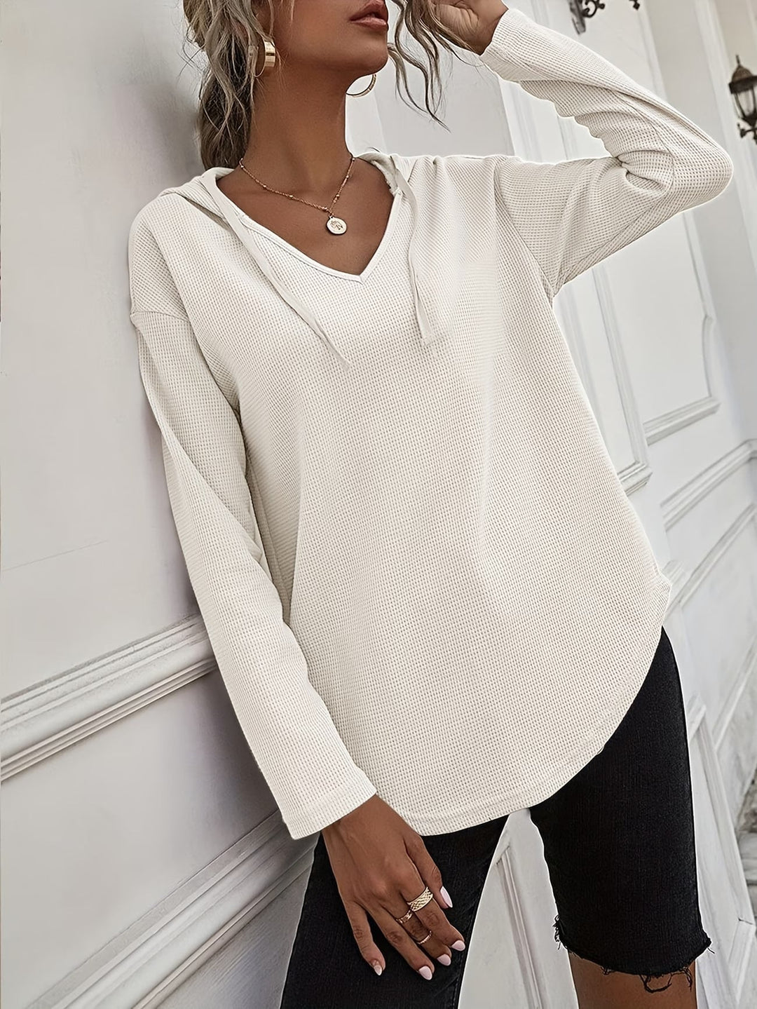 Laurette - Long Sleeve V Neck Hoodie
