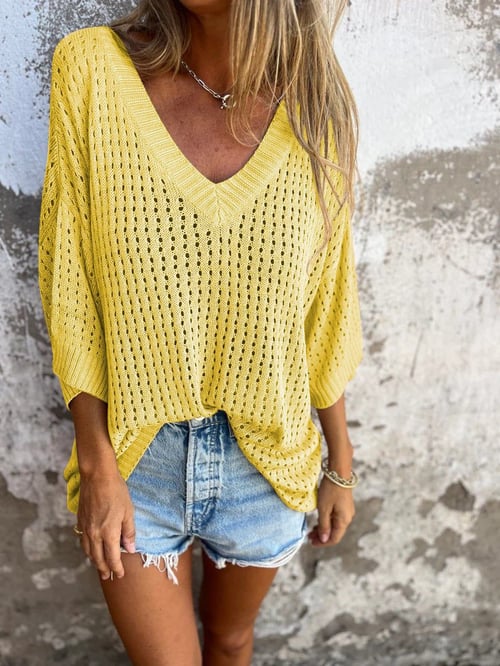 Shilana - Hollow V-Neck Knitted Top
