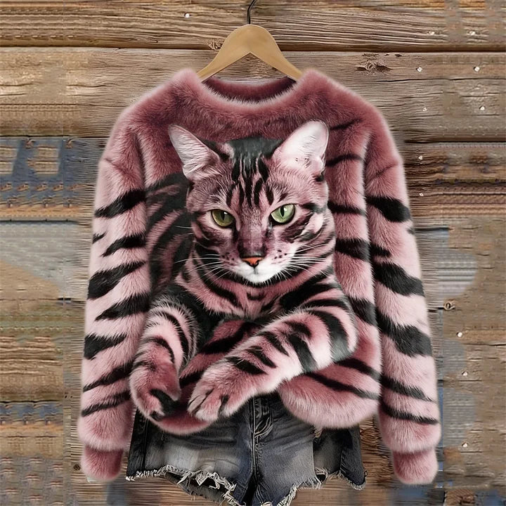 Jules - Tabby Cat And Tiger Pattern Soft Plush Sweatshirt