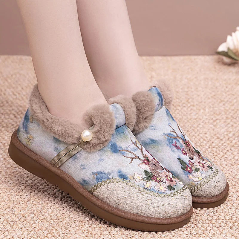 Alece - Retro Embroidered Deer Faux Fur Slippers