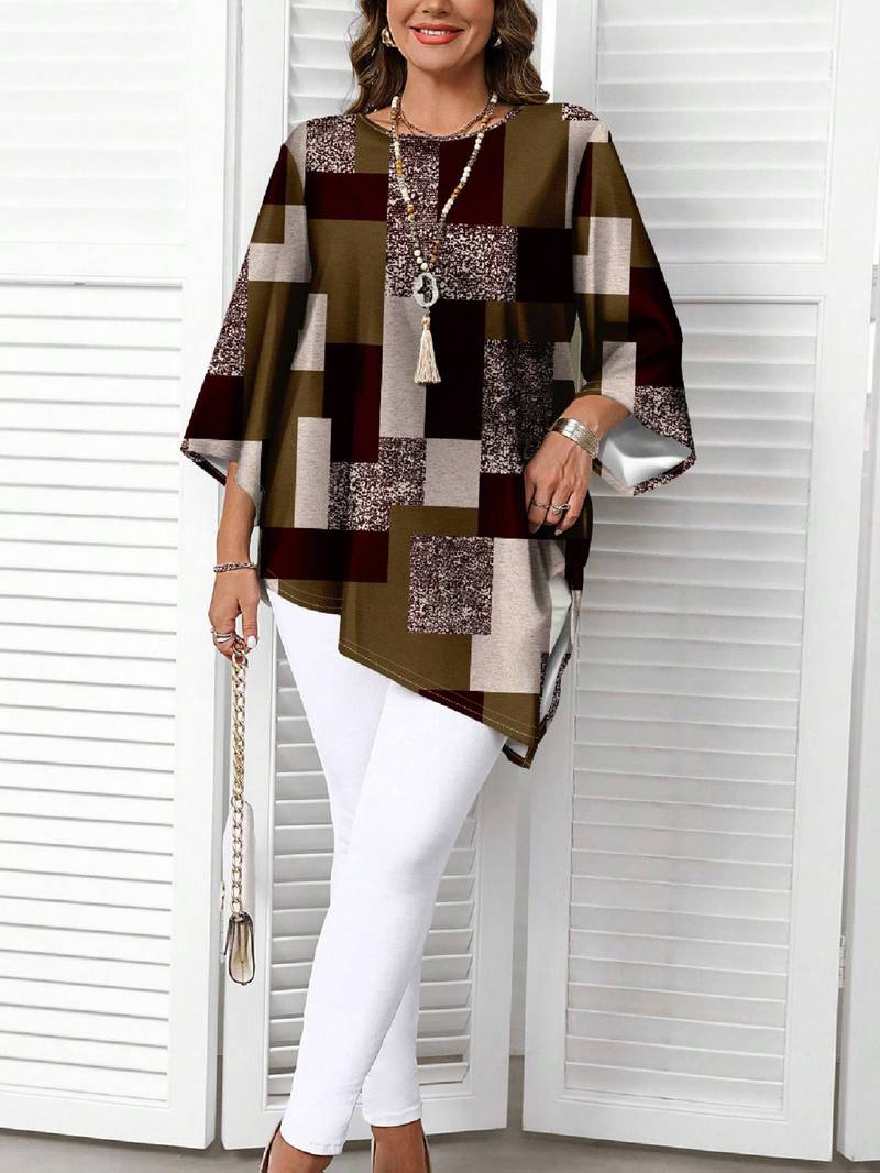 Nurit - Checkered Oversized Printed Blouse With Short Sleeve