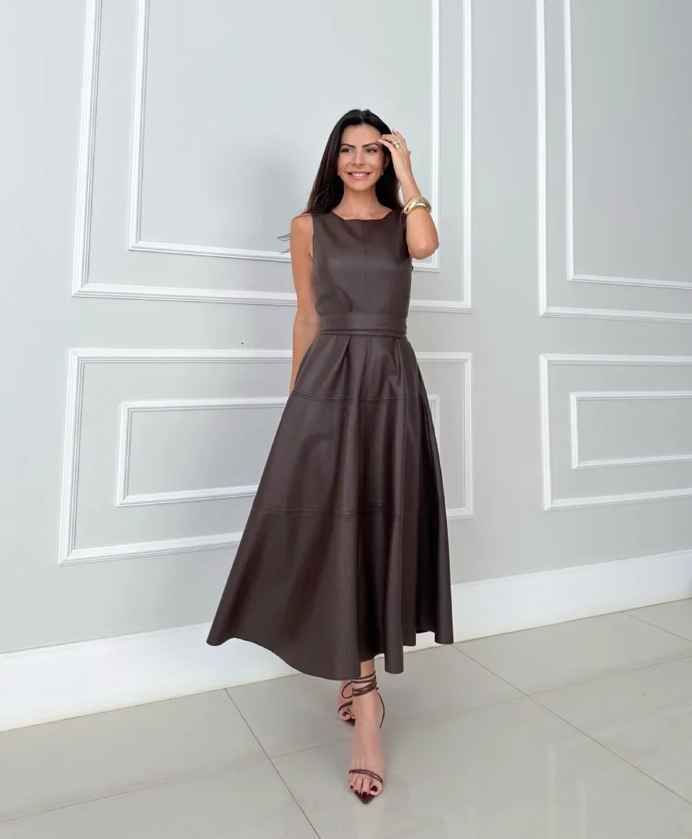 Bnita - Sleeveless Faux Leather Midi Dress