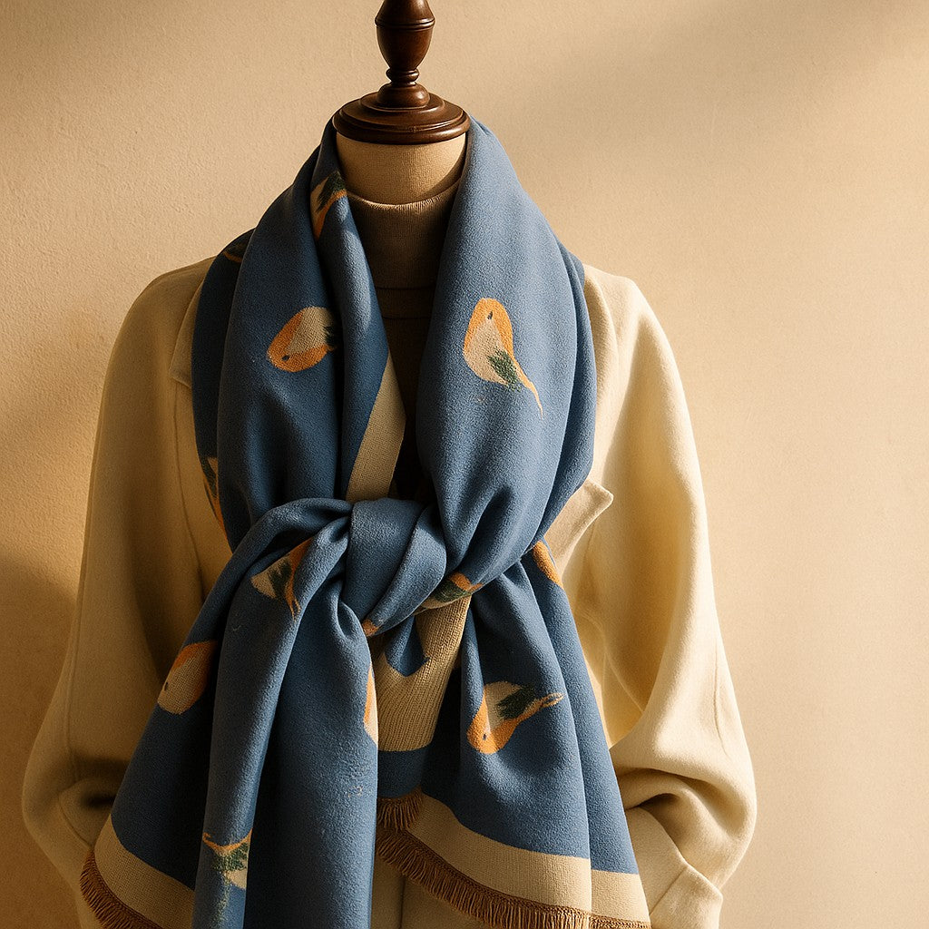 Jesmyn - Bird Printed Double-Sided Woolen Scarf