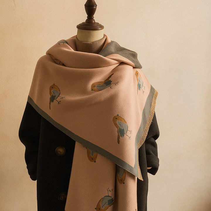 Jesmyn - Bird Printed Double-Sided Woolen Scarf