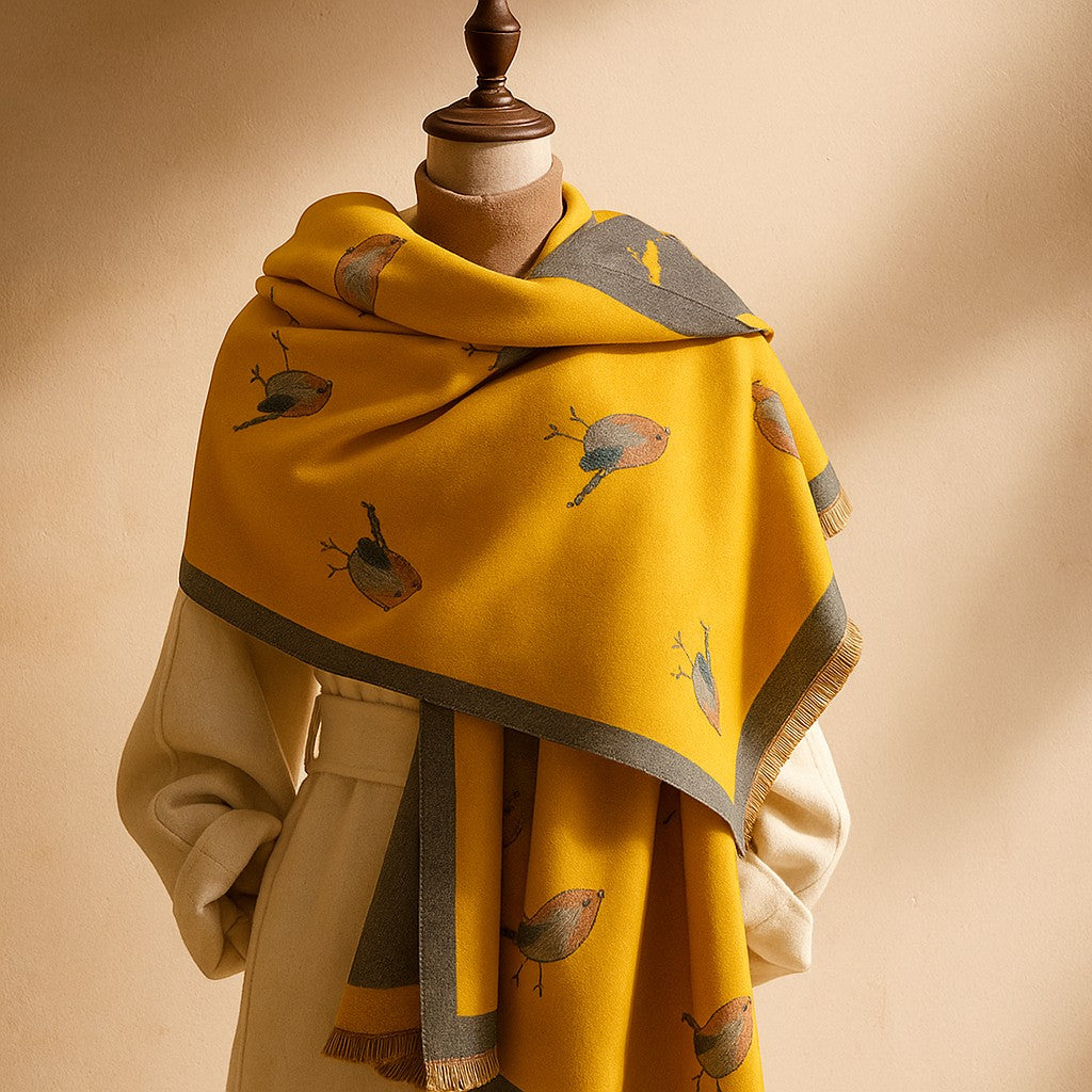 Jesmyn - Bird Printed Double-Sided Woolen Scarf