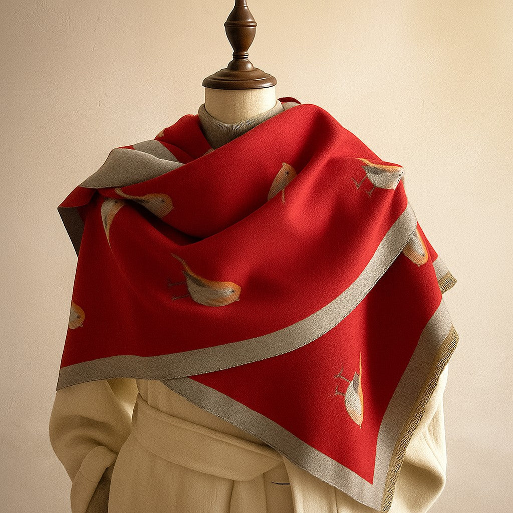 Jesmyn - Bird Printed Double-Sided Woolen Scarf
