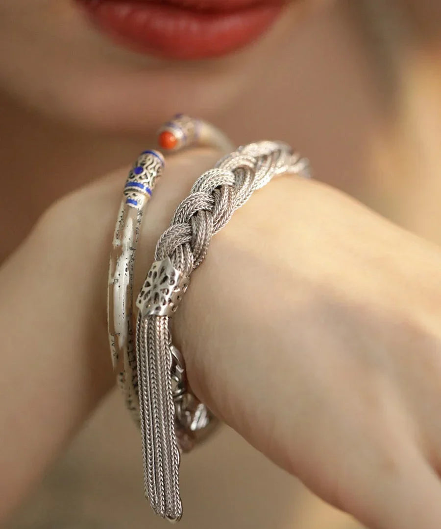 Mazie - Silk Silver Woven Charm Bracelet with Tassel