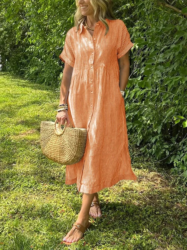 Alory - Comfortable Button Down Striped Midi Dress
