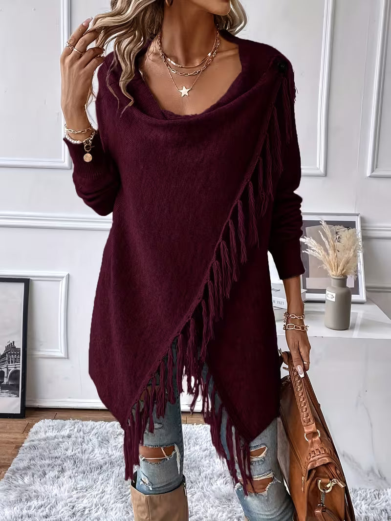 Theoaula - Draped Neck Cardigan With Fringed Trim