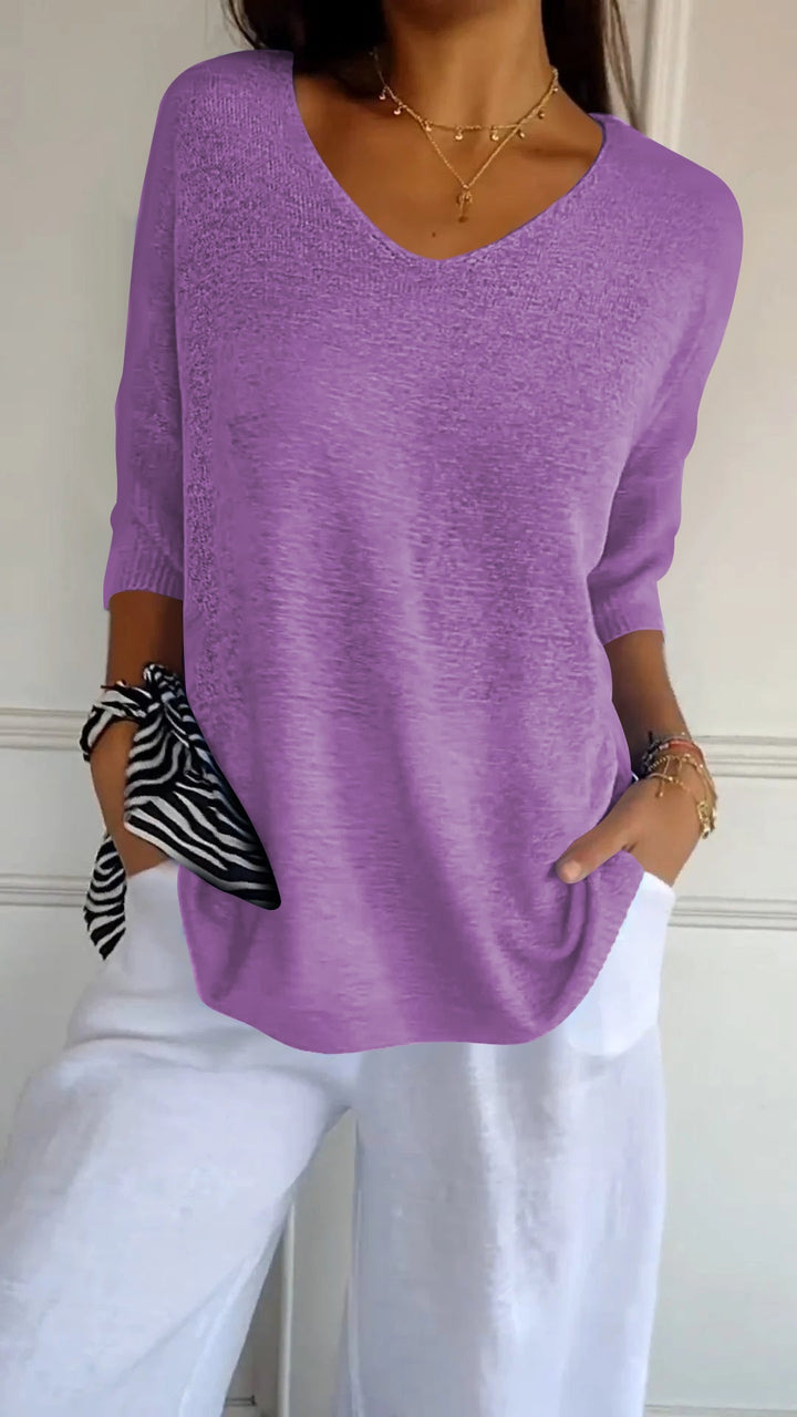 Rosal - Solid Color Knitted Top With a V-neck